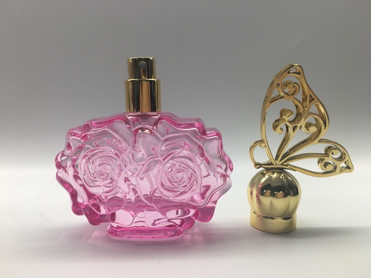 Parfümflasche-Rose Shape Pink Color With-Schmetterlings-Kappe 30ml 50ml Glas