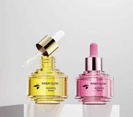 Luxuriöse zweifarbige 30-ml-Tropfflasche aus Glas. Neues, stilvolles Step-Up-Design für die Hautpflege-Essenzölflasche