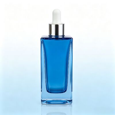 Blue Transparent Glass Dropper Bottle, Thick Base Square Cosmetic Serum Oil Packaging Bottle with White Rubber Dropper
