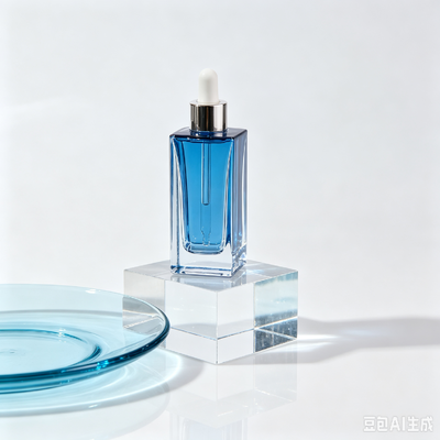 Blue Transparent Glass Dropper Bottle, Thick Base Square Cosmetic Serum Oil Packaging Bottle with White Rubber Dropper