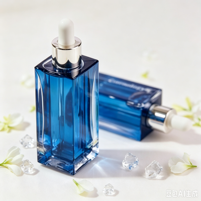 Blue Transparent Glass Dropper Bottle, Thick Base Square Cosmetic Serum Oil Packaging Bottle with White Rubber Dropper