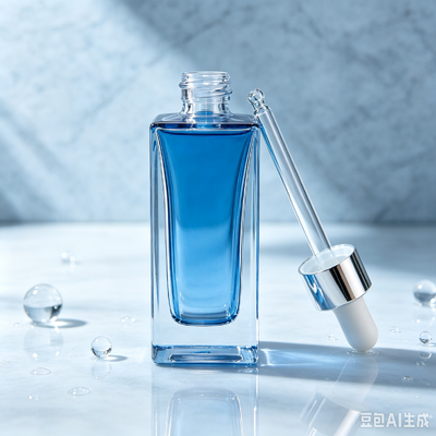 Blue Transparent Glass Dropper Bottle, Thick Base Square Cosmetic Serum Oil Packaging Bottle with White Rubber Dropper
