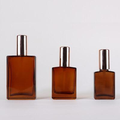 Amber Square Glass Perfume Spray Bottle, 30ml&50ml&100ml, Empty Bottle with Gold Sprayer, Custom Wholesale Fragrance Packaging