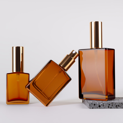 Amber Square Glass Perfume Spray Bottle, 30ml&50ml&100ml, Empty Bottle with Gold Sprayer, Custom Wholesale Fragrance Packaging