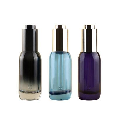 30ml Luxury Gradient Glass Press Dropper Bottle, Serum Oil Bottle with Aluminum Collar, Custom Print Wholesale Skincare Pack